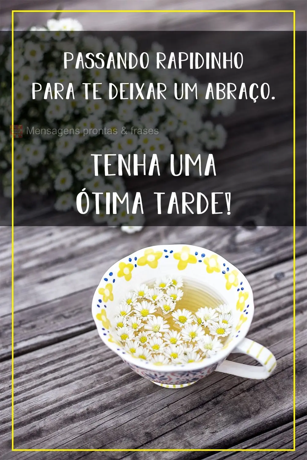 Passando rapidinho para te deixar um abraço.  Tenha uma ótima Tarde!