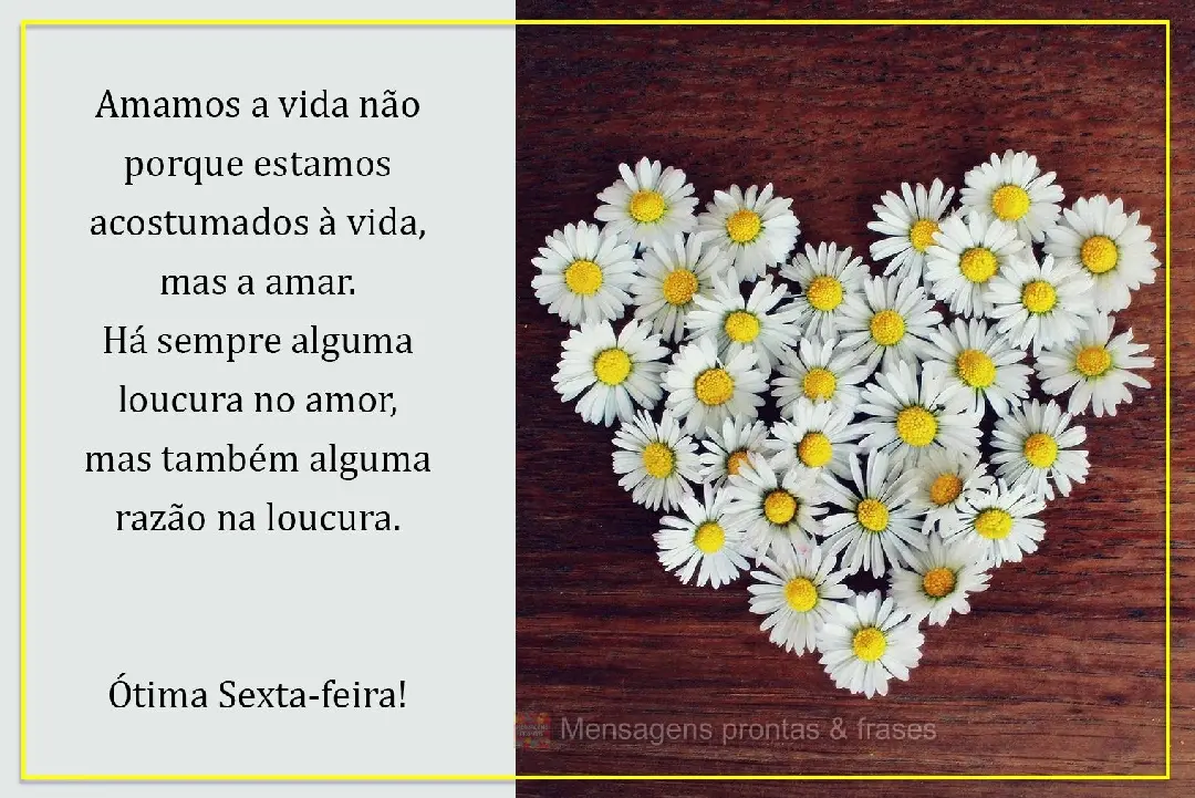 Amamos a vida não porque estamos acostumados à vida, mas a amar. Há sempre alguma loucura no amor, mas também há alguma razão na loucura. Ótima Se...