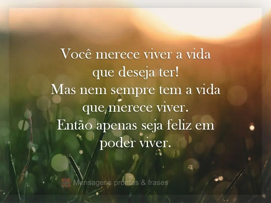 Você merece viver a vida que deseja ter. Mas nem sempre tem a vida que merece viver. Então apenas seja feliz em poder viver.