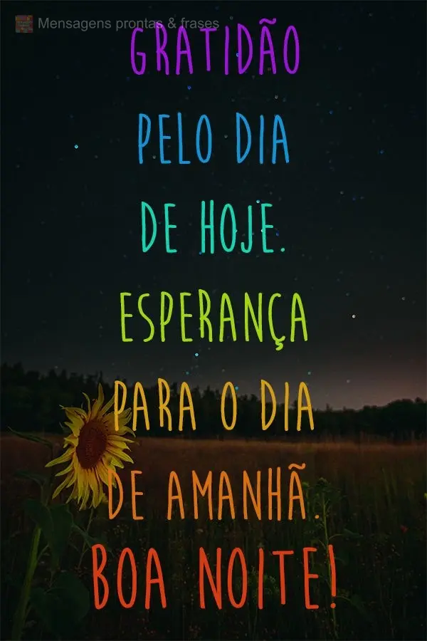 Gratidão pelo dia de hoje. Esperança para o dia de amanhã. Boa Noite!