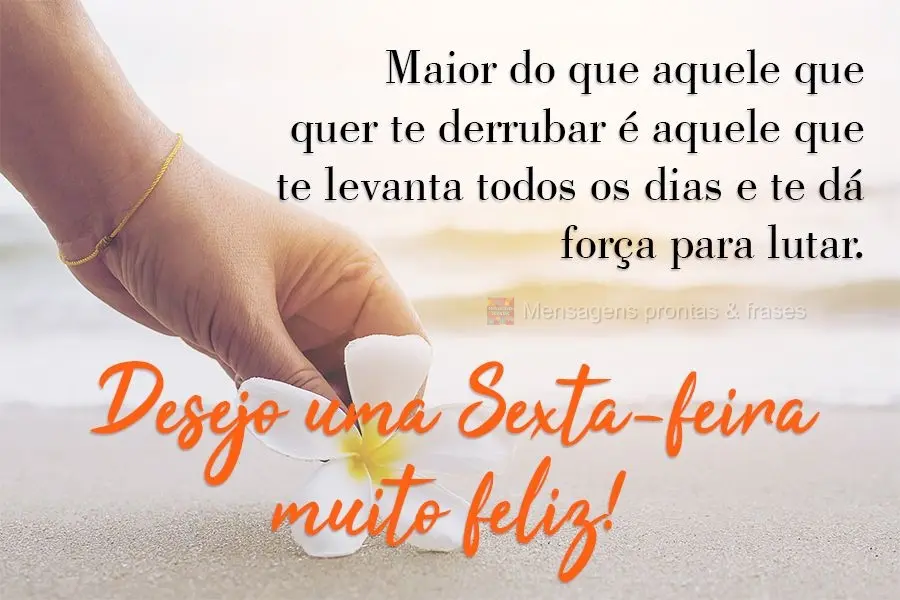 Maior do que aquele que quer te derrubar é aquele que te levanta todos os dias e te dá força para lutar.  Desejo uma Sexta-feira muito feliz!