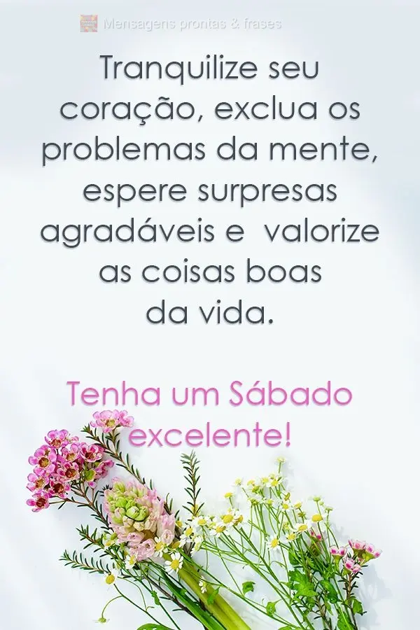 Tranquilize seu coração, exclua os problemas da mente, espere surpresas agradáveis e  valorize as coisas boas da vida.  Tenha um Sábado excelente!