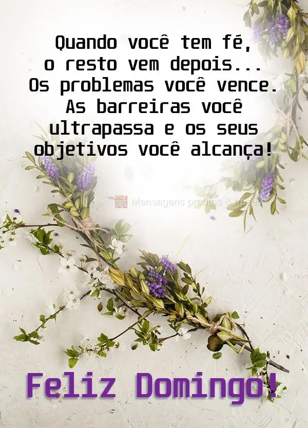 Quando você tem fé, o resto vem depois....Os problemas você vence, as barreiras você ultrapassa e os seus objetivos você alcança!  Feliz Domingo!...