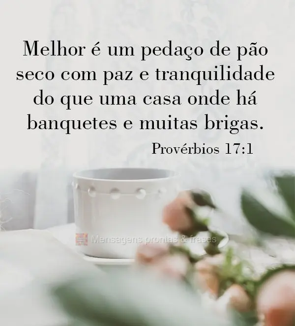 Melhor é um pedaço de pão seco com paz e tranquilidade do que uma casa onde há banquetes e muitas brigas. 
 Provérbios 17:1