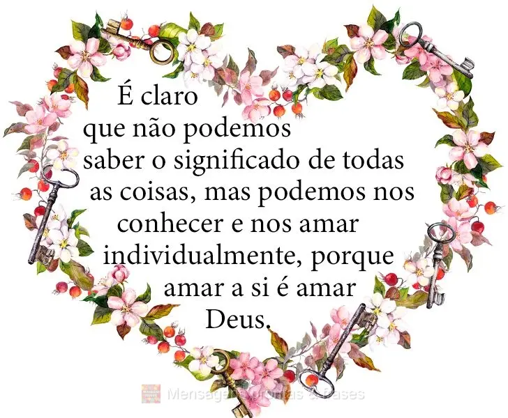 É claro que não podemos saber o significado de todas as coisas, mas podemos nos conhecer e nos amar individualmente, porque amar a si é amar a Deus.
...