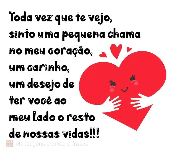 Toda vez que te vejo, sinto uma pequena chama no meu coração, um carinho, um desejo de ter você ao meu lado o resto de nossas vidas!!!
