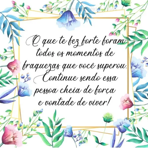 O que te fez forte foram todos os momentos de fraqueza que você superou. Continue sendo essa pessoa cheia de força e vontade de viver!
