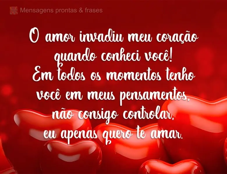 O amor invadiu meu coração quando conheci você! Em todos os momentos tenho você em meus pensamentos, não consigo controlar, eu apenas quero te amar....