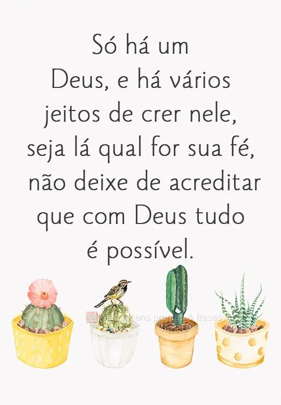 Só há um Deus, e há vários jeitos de crer nele. Seja lá qual for sua fé, não deixe de acreditar que com Deus tudo é possível.
