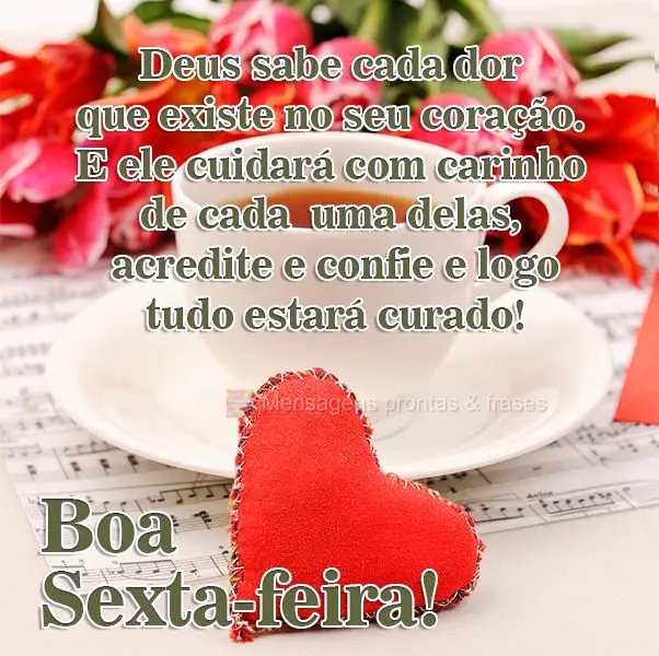 Deus sabe cada dor que existe no seu coração. E ele cuidará com carinho de cada uma delas, acredite e confie, e logo tudo estará curado!  Boa Sexta-f...