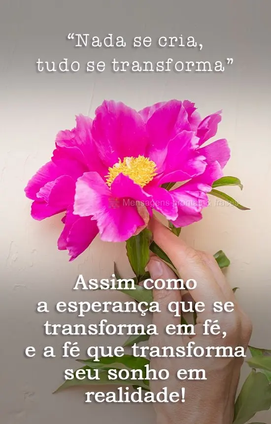 "Nada se cria, tudo se transforma." Assim como a esperança que se transforma em fé, e a fé que transforma seu sonho em realidade!
