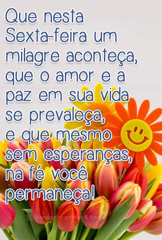 Que nesta Sexta-feira um milagre aconteça, que o amor e a paz em sua vida prevaleça,  e que mesmo sem esperanças, na fé você permaneça!
