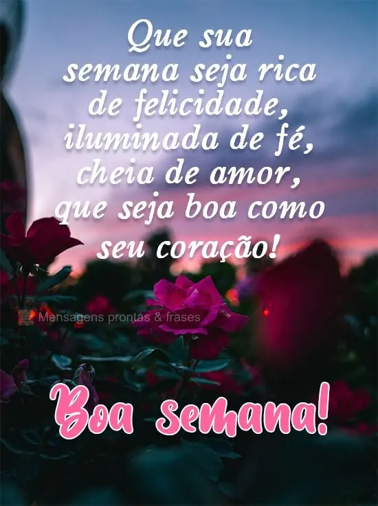 Que sua semana seja rica de felicidade, iluminada de fé, cheia de amor, que seja boa como seu coração! 
 Boa semana!