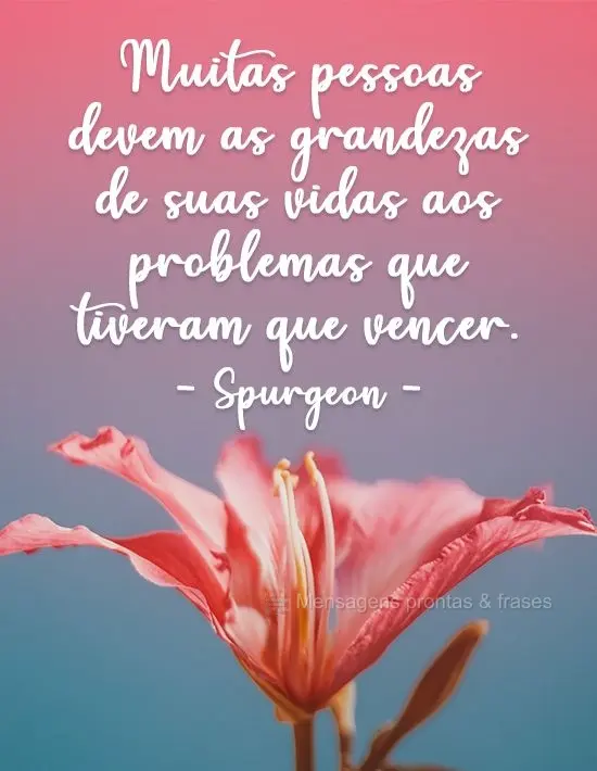 Muitas pessoas devem as grandezas de suas vidas aos problemas que tiveram que vencer.  Spurgeon