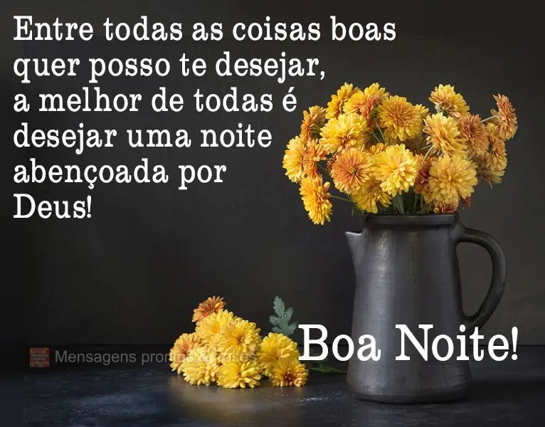 Entre todas as coisas boas que posso te desejar, a melhor de todas é desejar uma noite abençoada por Deus! 
 Boa Noite!