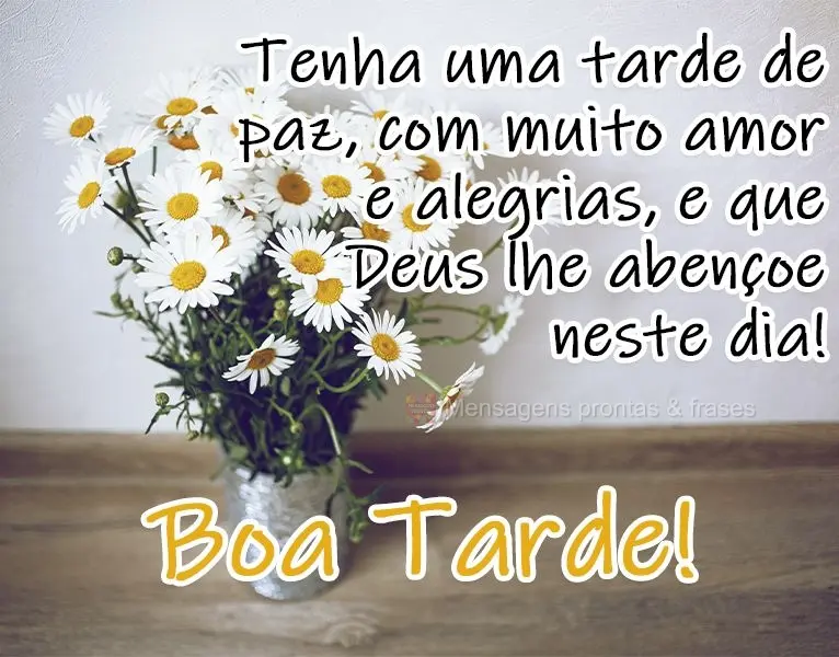 Tenha uma tarde de paz, com muito amor e alegrias, e que Deus lhe abençoe neste dia!  Boa Tarde!