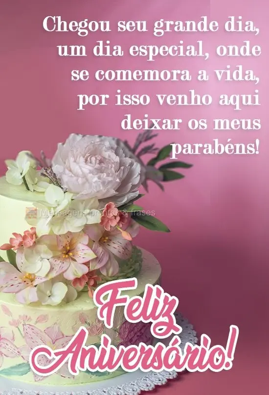 Chegou seu grande dia, um dia especial, onde se comemora a vida. Por isso venho aqui deixar os meus parabéns!  Feliz Aniversário!