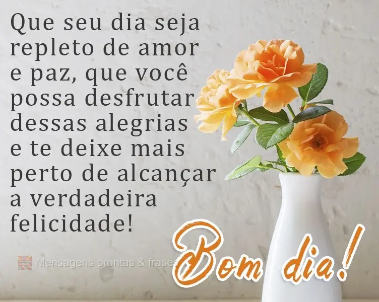 Que seu dia seja repleto de amor e paz, que você possa desfrutar dessas alegrias e te deixe mais perto de alcançar a verdadeira felicidade!
  Bom dia!...