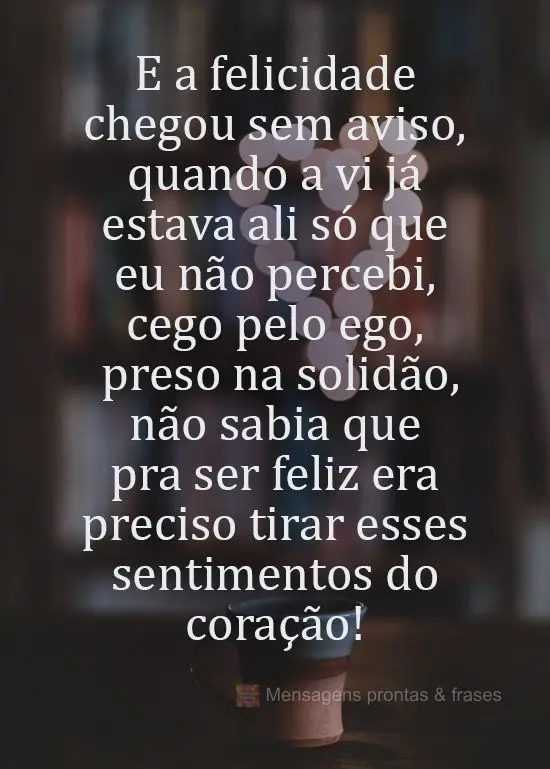 E a felicidade chegou sem aviso, quando a vi já estava ali, só que eu não percebi, cego pelo ego, preso na solidão, não sabia que pra ser feliz era ...