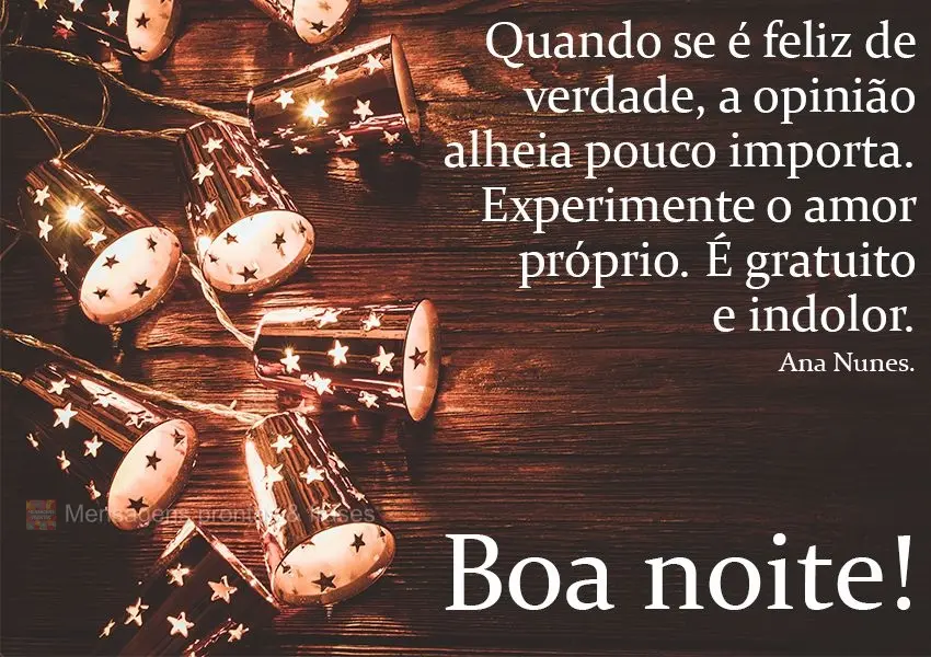 Quando se é feliz de verdade, a opinião alheia pouco importa. Experimente o amor próprio. É gratuito e indolor.  Boa noite! Ana Nunes. 