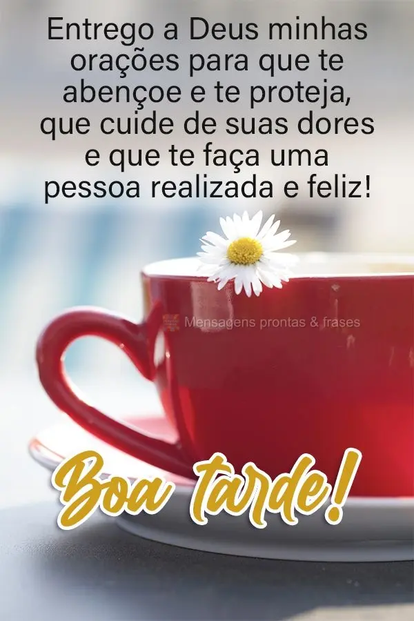 Entrego a Deus minhas orações para que te abençoe e te proteja, que cuide de suas dores e que te faça uma pessoa realizada e feliz!  Boa tarde!