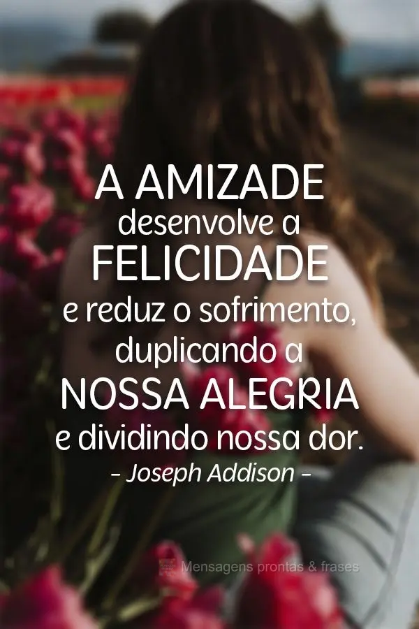 A amizade desenvolve a felicidade e reduz o sofrimento, duplicando a nossa alegria e dividindo nossa dor.  Joseph Addison