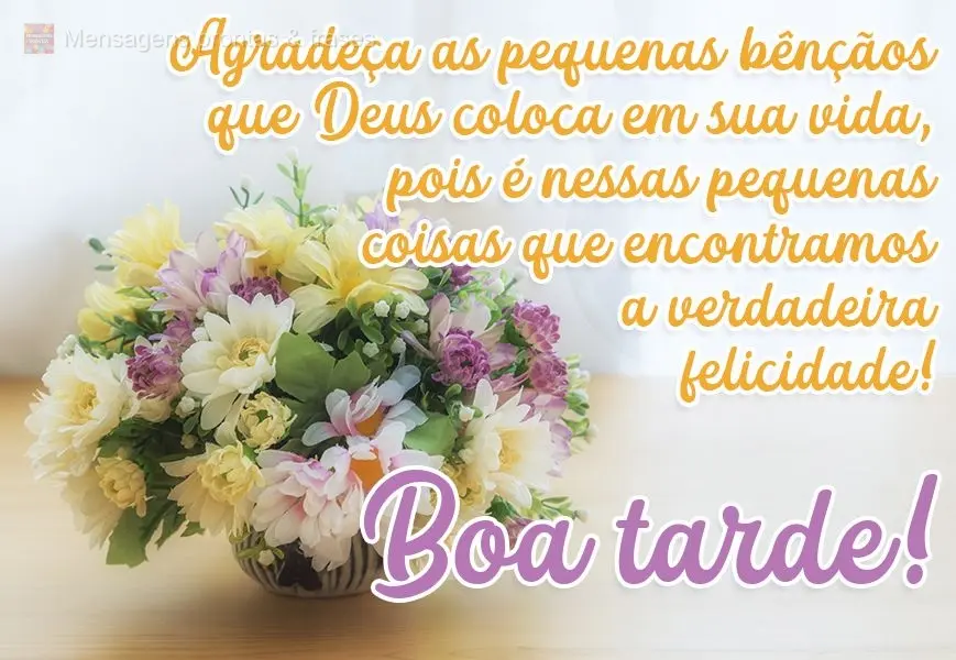 Agradeça as pequenas bênçãos que Deus coloca em sua vida, pois é nessas pequenas coisas que encontramos a verdadeira felicidade!  Boa tarde!