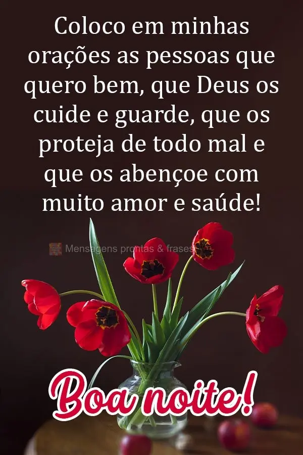 Coloco em minhas orações as pessoas que quero bem. Que Deus os cuide e guarde, que os proteja de todo mal e que os abençoe com muito amor e saúde! Bo...