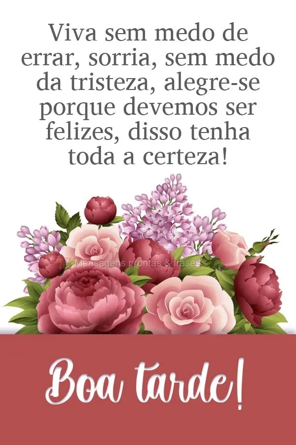 Viva sem medo de errar. Sorria, sem medo da tristeza. Alegre-se porque devemos ser felizes, disso tenha toda a certeza!  Boa tarde!