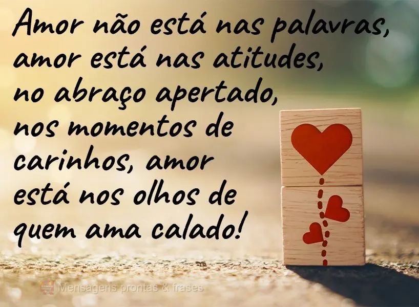 Amor não está nas palavras, amor está nas atitudes. No abraço apertado, nos momentos de carinho, amor está nos olhos de quem ama calado!