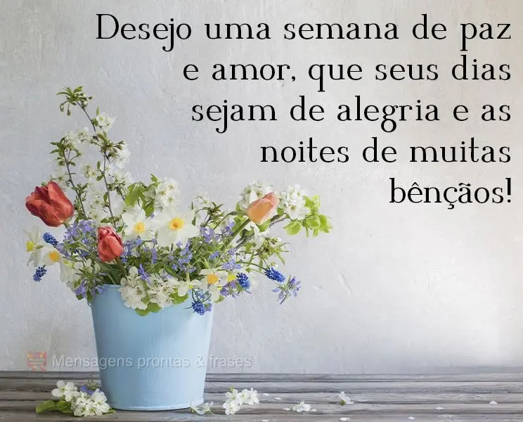 Desejo uma semana de paz e amor. Que seus dias sejam de alegria e as noites de muitas bênçãos!