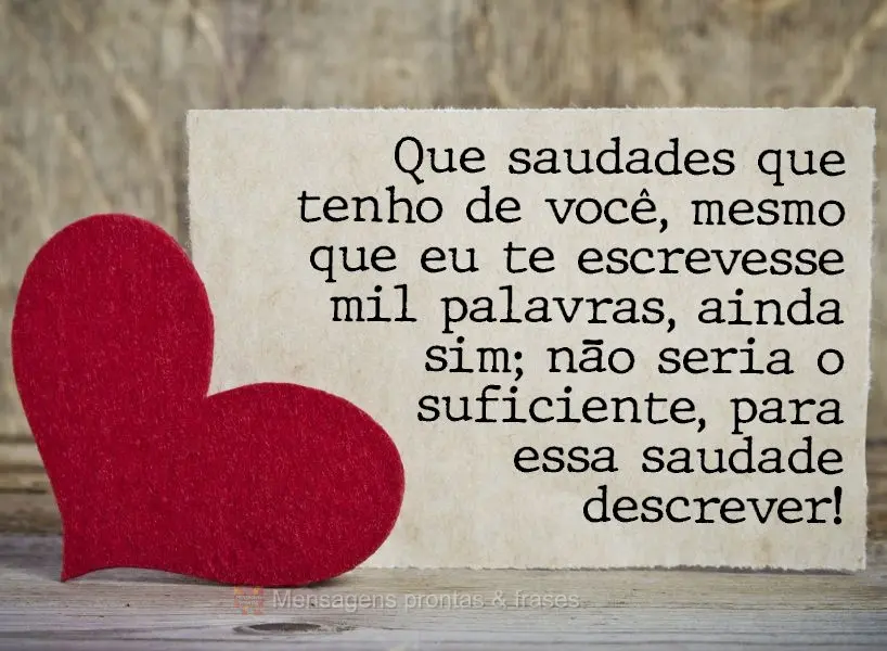 Que saudades que tenho de você! Mesmo que eu te escrevesse mil palavras, ainda sim não seria o suficiente, para essa saudade descrever!