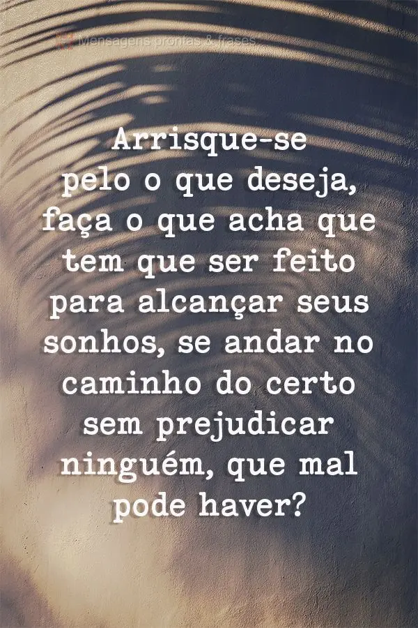 Arrisque-se pelo o que deseja. Faça o que acha que tem que ser feito para alcançar seus sonhos. Se andar no caminho certo sem prejudicar ninguém, que ...