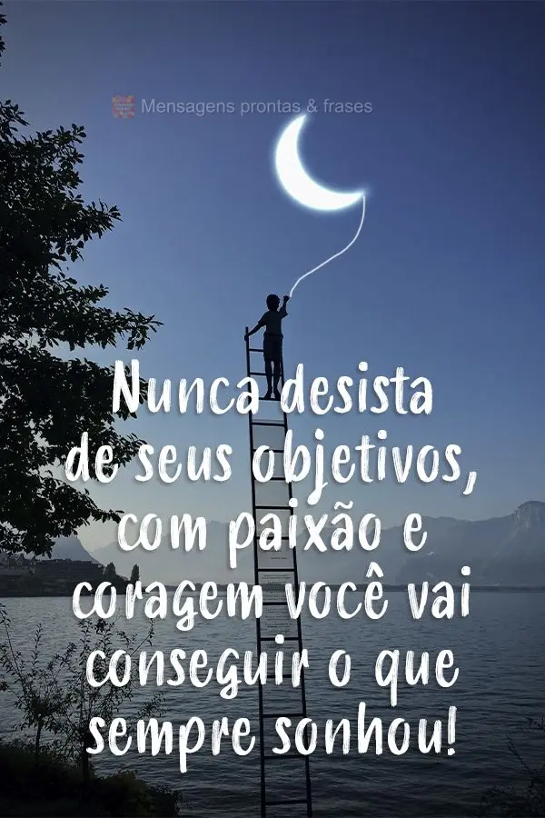 Nunca desista dos seus objetivos, com paixão e coragem você vai conseguir o que sempre sonhou!