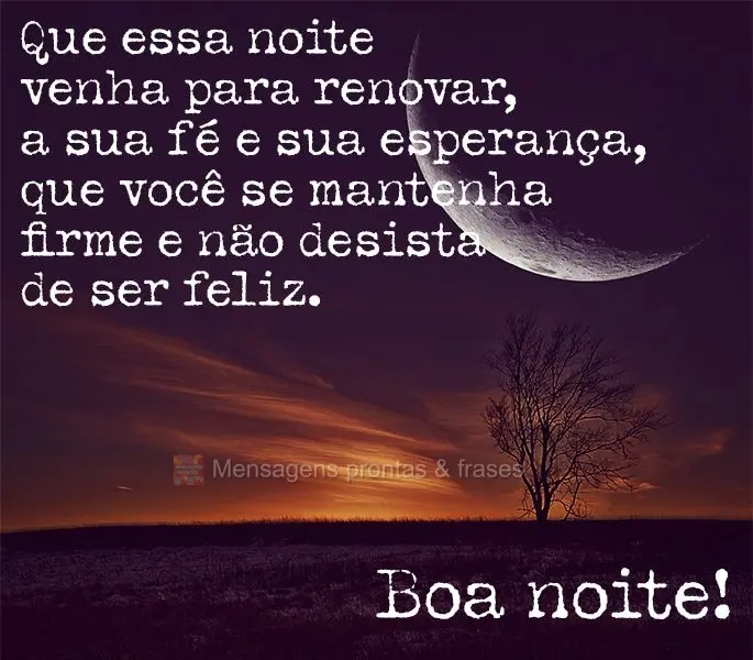 Que essa noite venha para renovar a sua fé e sua esperança. Que você se mantenha firme e não desista de ser feliz. Boa noite!