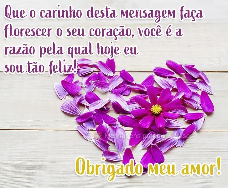 Que o carinho desta mensagem faça florescer o seu coração, você é a razão pela qual hoje eu sou tão feliz!  Obrigado meu amor!