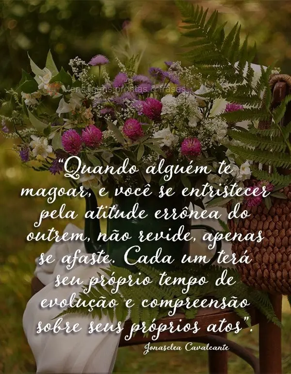 “Quando alguém te magoar e você se entristecer pela atitude errônea de outrem não revide, apenas se afaste. Cada um terá seu próprio tempo de evo...