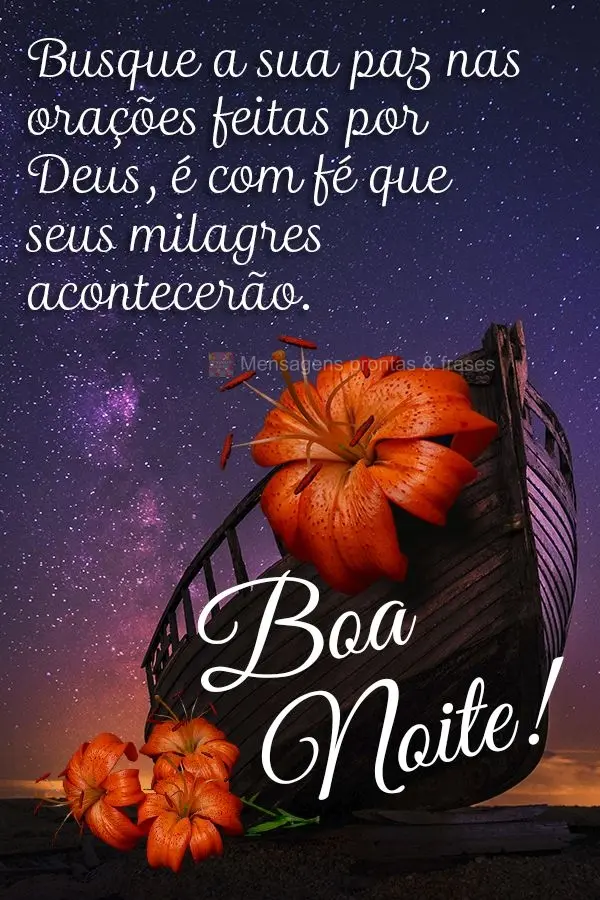 Busque a sua paz nas orações feitas por Deus, é com fé que seus milagres acontecerão. Boa noite!