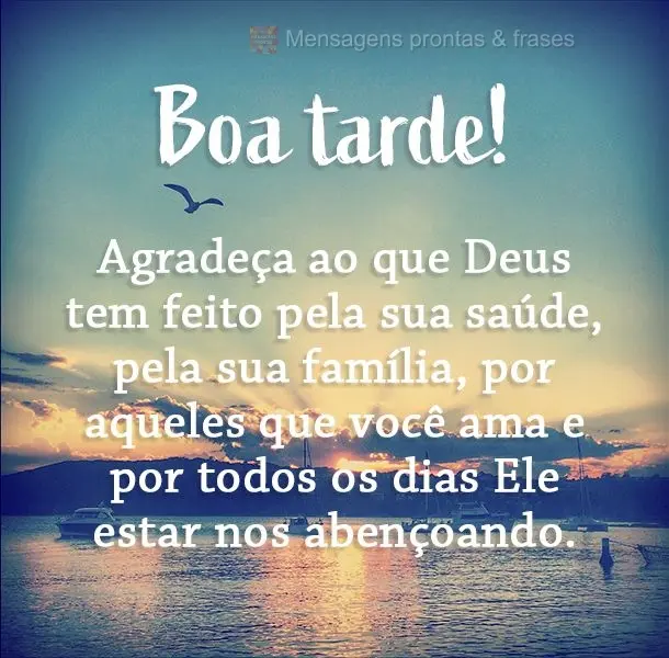 Agradeça ao que Deus tem feito pela sua saúde, pela sua família, por aqueles que você ama e por todos os dias Ele estar nos abençoando. Boa tarde!...