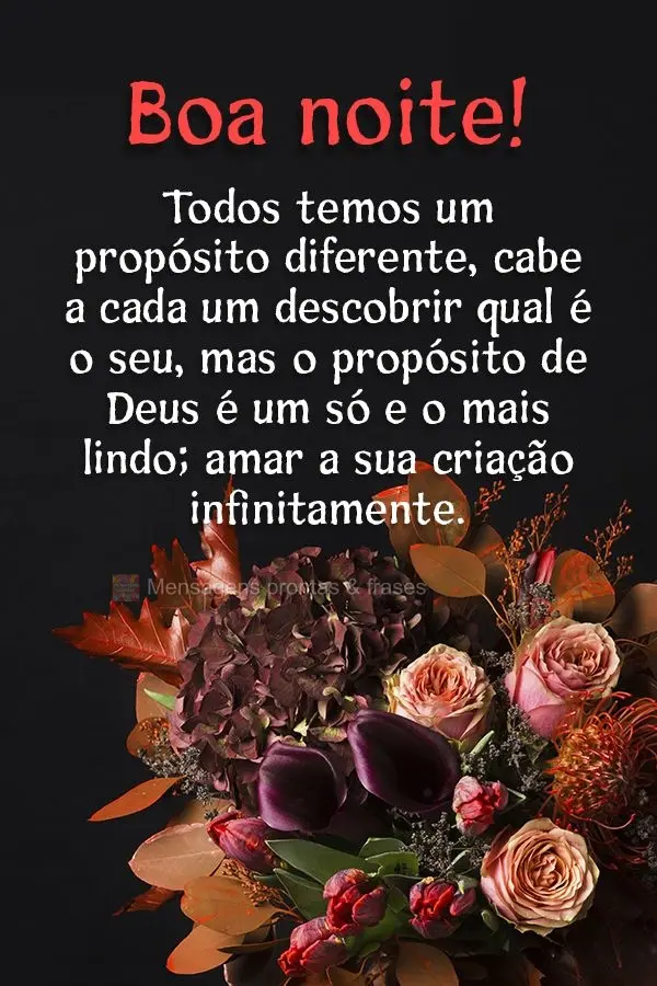 Todos temos um propósito diferente, cabe a cada um descobrir qual é o seu. Mas o propósito de Deus é um só e o mais lindo: amar a sua criação infi...