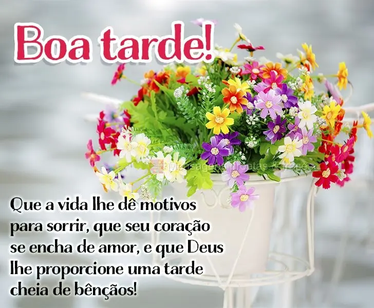 Que a vida lhe dê motivos para sorrir, que seu coração se encha de amor e que Deus lhe proporcione uma tarde cheia de bênçãos! Boa tarde!