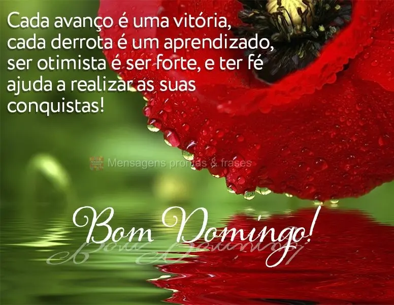 Cada avanço é uma vitória, cada derrota é um aprendizado. Ser otimista é ser forte e ter fé ajuda a realizar as suas conquistas! Bom Domingo!