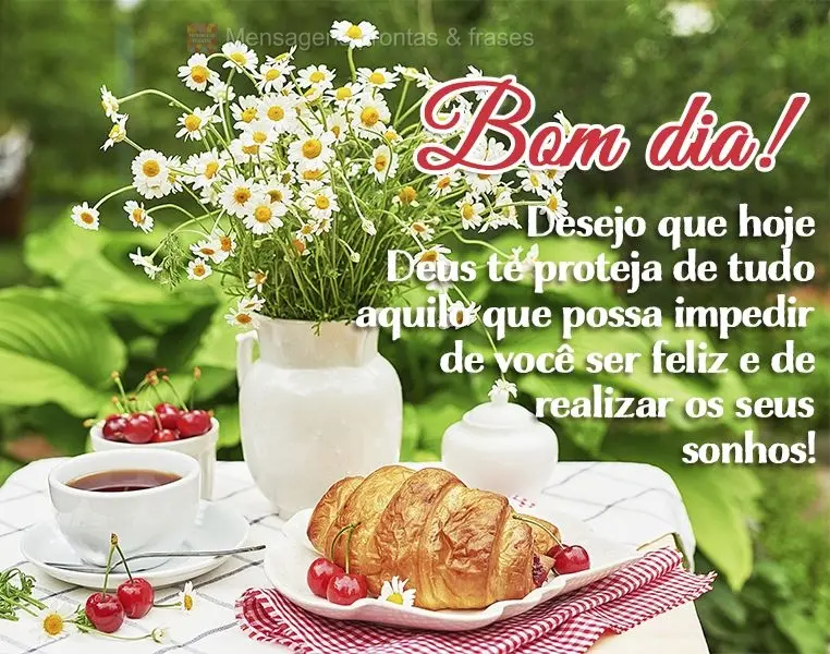 Desejo que hoje Deus te proteja de tudo aquilo que possa impedir de você ser feliz e de realizar os seus sonhos Bom dia!