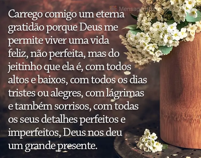 Carrego comigo uma eterna gratidão porque Deus me permite viver uma vida feliz, não perfeita, mas do jeitinho que ela é, com todos os altos e baixos, ...