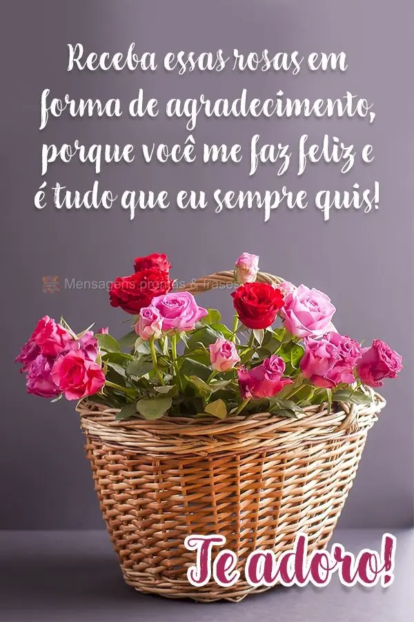 Receba essas rosas em forma de agradecimento, porque você me faz feliz e é tudo que eu sempre quis! Te adoro!