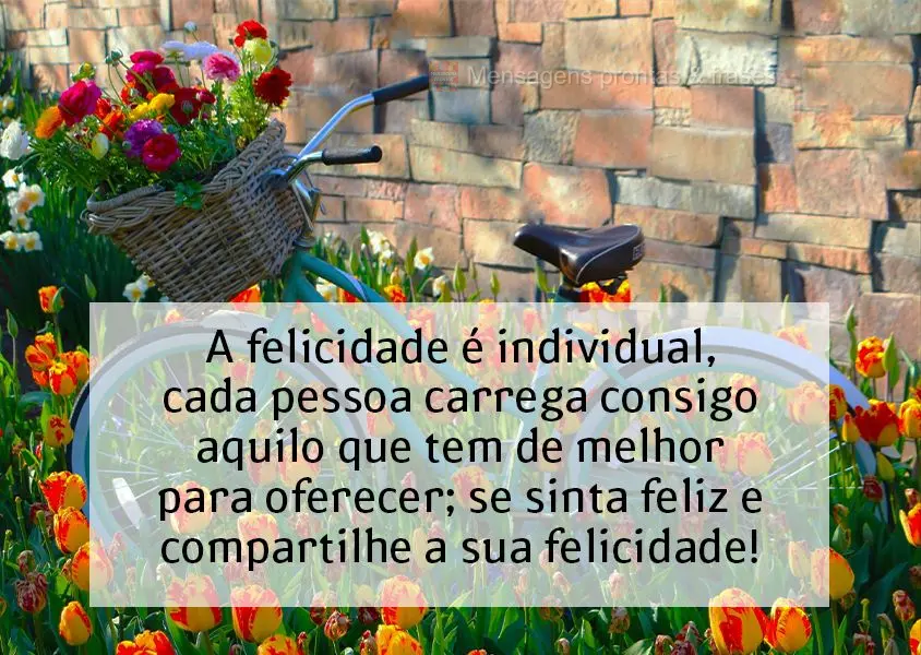 A felicidade é individual, cada pessoa carrega consigo aquilo que tem de melhor para oferecer; se sinta feliz e compartilhe a sua felicidade!