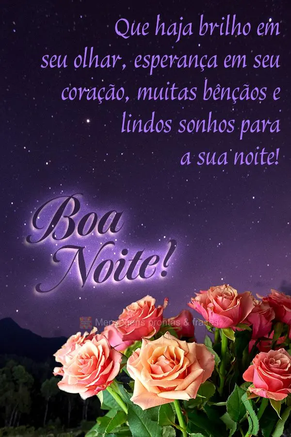 Que haja brilho em seu olhar, esperança em seu coração, muitas bênçãos e lindos sonhos para a sua noite! Boa noite! 