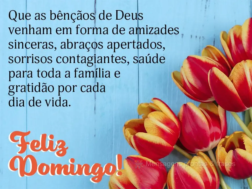 Que as bênçãos de Deus venham em forma de amizades sinceras, abraços apertados, sorrisos contagiantes, saúde para toda a família e gratidão por ca...