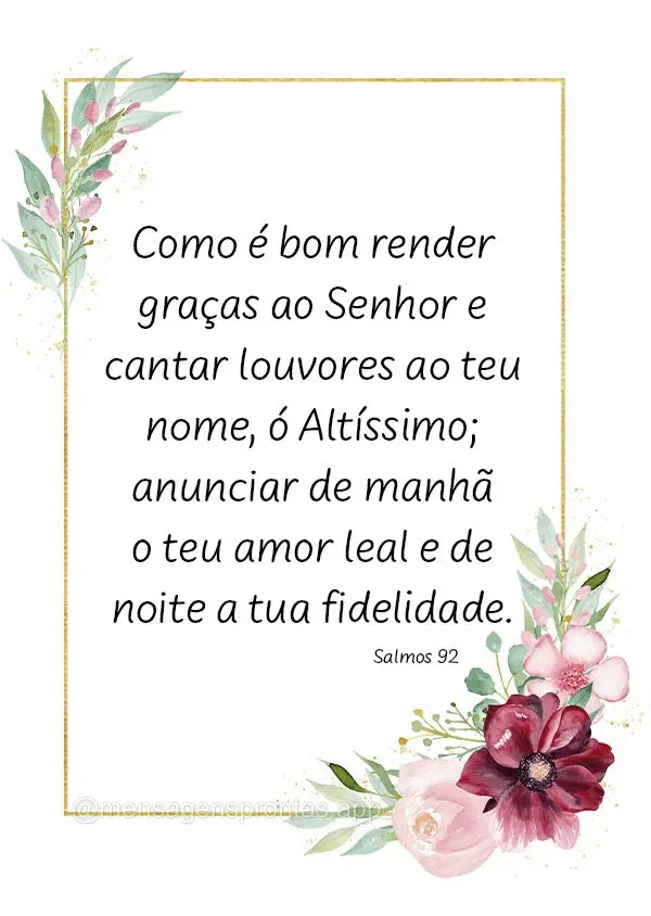 Como é bom render graças ao Senhor e cantar louvores ao teu nome, ó Altíssimo; anunciar de manhã o teu amor leal e de noite a tua fidelidade. Salmos...