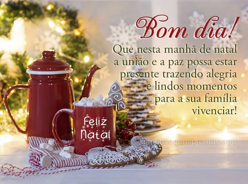 Que nesta manhã de natal a união e a paz possa estar presente trazendo alegria e lindos momentos para a sua família vivenciar! Feliz Natal! Bom dia!...